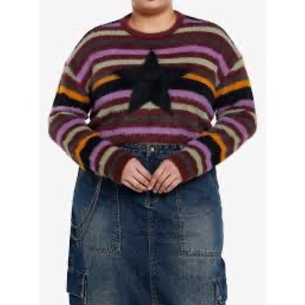 Social Collision Fuzzy Multicolor Stripe Star Girls Crop Sweater LG Large Used